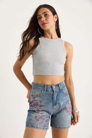 Shade Kadın Gül Desenli Renkli Taş Baskılı Yüksek Bel Denim Şort 424 60283441 - Mavi