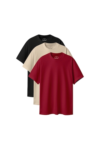 Velvoria Unisex Oversize Basic 3'lü Siyah Bej Bordo Renk T-shirt Çok Renkli8