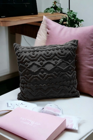 Bohem Dekoratif Yastık Kılıfı Kırlent Kılıfı 43x43 Cm Antrasit Geometrik Gri