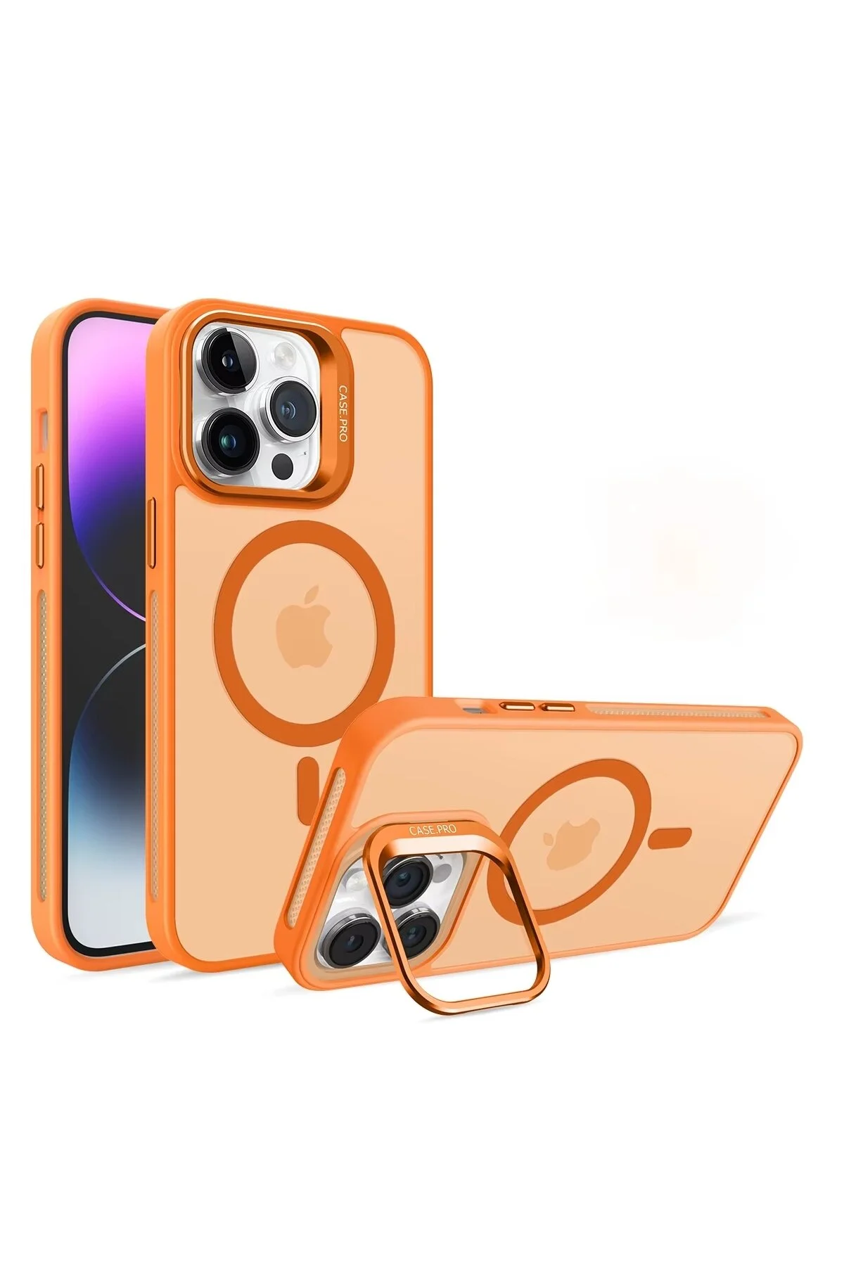 İphone 15 Pro Uyumlu Magsafe Kılıf Mıknatıslı Standlı Darbeye Dayanıklı Mat Şeffaf Arka Kapak Lens li Turuncu