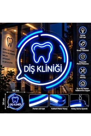 Diş Kliniği Neon Led Tabela 60x30 Cm Diş Figürlü Işıklı Pleksi Tabela Mavi Beyaz