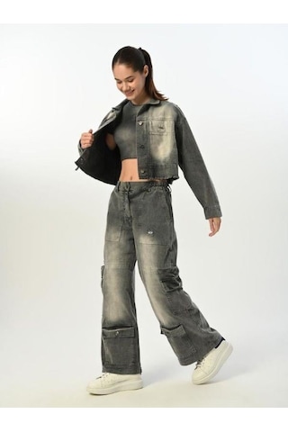 Zekids Kız Çocuk Paçası Cepli Gabardin Pantolon-15520 Füme