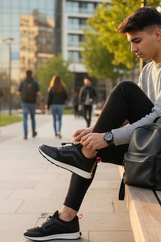 Enoch Erkek Günlük Spor Ayakkabı Klasik Dalga Şeritli Sneaker Rahat Kalıp Yürüyüş Modeli Siyah - Beyaz