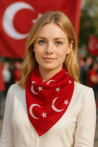 Ay Yıldız Kırmızı Türk Bayrağı Temalı Pamuk Kumaş Fular50x50 Kırmızı Gül