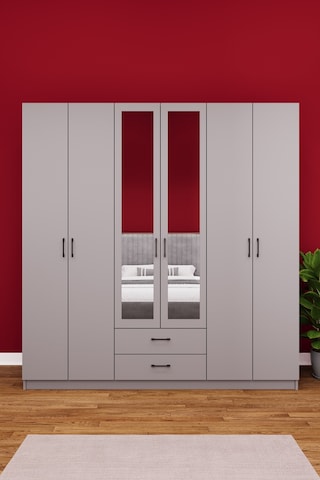 Asra Trend 6 Kapaklı Gardırop G-05 %100 MDF 2 Çekmeceli Aynalı Elbise Dolabı Kül Gri