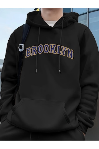 Tarzsokak Brooklyn Yaratıcı Mektup Baskılı Erkek Tişörtü Kış Polar Sıcak Hoodie Kore Gevşek Cep Kazakla Siyah