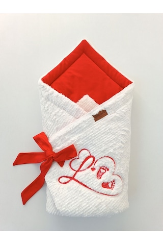 Kışlık Bebek Battaniyesi & Kundağı - Kalp Deseni İşlemeli Hastane Çıkışı Yenidoğan - Yeni Yıla Özel Ekru