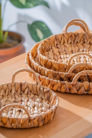 Wicker 4 Parça Hasır Yuvarlak Sepet Hasır