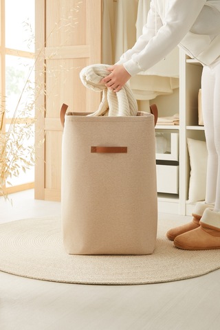 Ocean Home Textile Ağzı Büzgülü Bej Renk Çamaşır Sepeti 36 x 36 x 57 cm
