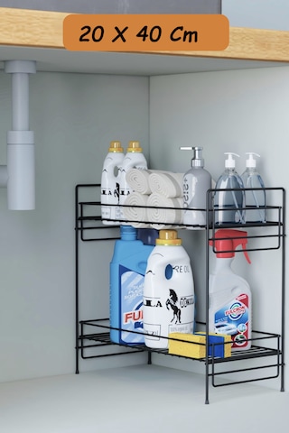 2 Katlı Evye Tezgah Altı Raf Banyo Mutfak Dolabı Çok Amaçlı Düzenleyici Deterjanlık Organizer 20x40 Siyah