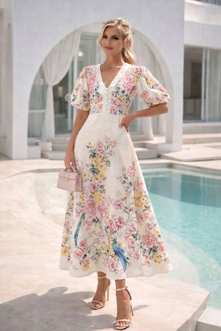 Asprinfashion Kadın Ekru Çiçek Desenli V Yaka Düğme Detaylı Midi Boy Keten Elbise İthal Yazlık Şık Elbise Beyaz