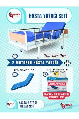 2 Motorlu Mdf Başlıklı Hasta Karyolası Boru Tipi Havalı Yatak Set
