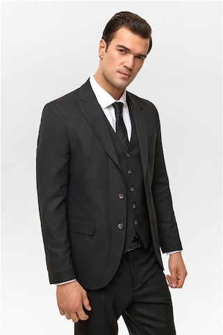 Siyah Slim Desenli Sivri Yaka 6 Drop Yelekli Takım Elbise Siyah