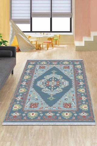 Mavi Klasik Göbekli Dokuma Pamuk Taban Kaymaz Kilim Klm314n11