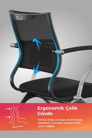 Ergolife Sit Air Toplantı Sandalyesi Tekerlekli, Krom Ayaklı, Fileli, Siyah, Çalışma Koltuğu -572.5f.1.662 Çok Renkli