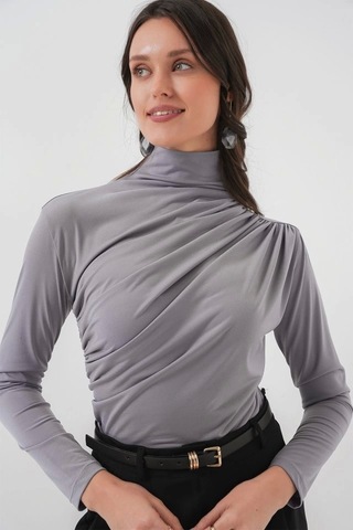 Defymoda 925 Büzgü Detaylı Sandy Bluz - Gri Gri