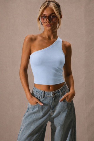 Tarz Cool Kadın Tek Omuz Crop Atlet Esnek Slim Fit Süprem Kumaş Asimetrik Yaka Bluz Mavi