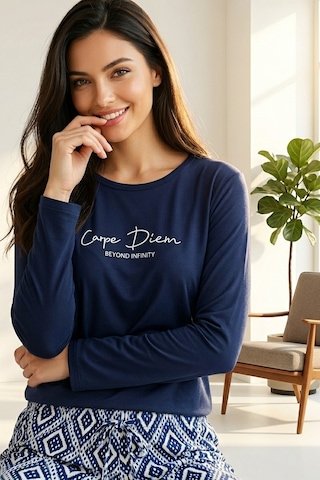Aura Collections Kadın Desenli Bambu Viskon Uzun Kollu Soft Örme Mevsimlik Pijama Takımı Lacivert