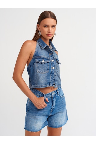 Dilvin Paçası Kesik Denim Şort Mavi