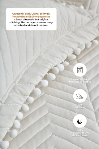 Evlen Home Ponponlu %100 Pamuk Tek Kişilik Günlük Yatak Örtüsü Pike Takımı Seti Krem / Kırık Beyaz