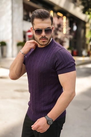 Valensdesign Erkek Örgü Desen Bisiklet Yaka Triko Tişört - %100 Pamuk Akrilik A. Mor