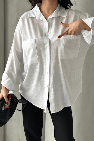 Paw Garage Kadın Harper Çift Cepli Oversize Keten Gömlek, 2025 Summer Collection Beyaz