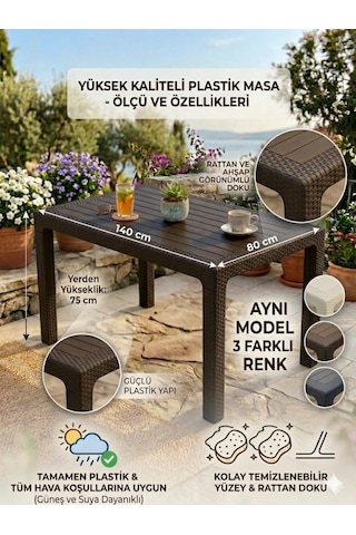 Evko Mobilya Rattan 80x140 Masa, Plastik Masa, Bahçe Balkon Teras Masası, Kare Masa, Dış Mekan Masası Acı Kahverengi