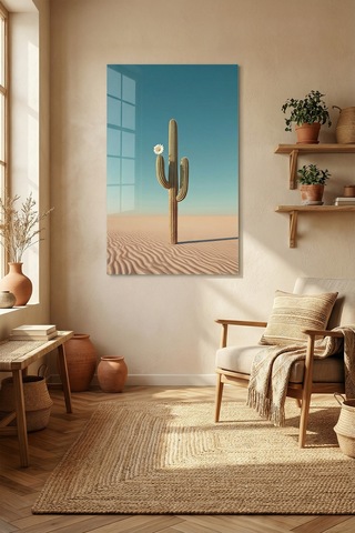 Kırılmaz Cam Tablo 5mm Kalın - Ev İşyeri Duvar Dekorasyonu Saguaro Kaktüs Dikey - Çöl Bitki Yeşil Botanik Salon Mutfak Temperli Uv Baskılı Hediyelik