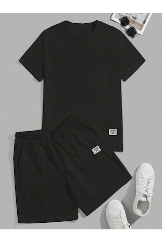 Never Life T-shirt Şort - Siyah Alt Üst Kombin Şort Tişört Takım Baskılı Oversize Bisiklet Yaka Siyah