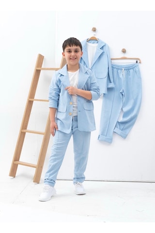 Zelhanjunior Erkek Çocuk Keten Takım Elbise 3 Parça Açık Mavi