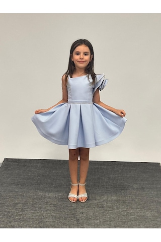 Kız Çocuk Abiye Mavi Kısa Tek Omuz Gül Detaylı Krep Kumaş Abiye Elbise 5-10 Yaş Mavi