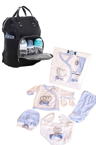 Bebek Bakım Çantası Ve 5 Parça Panda Hastane Çıkışı İkili Set Mavi - Siyah