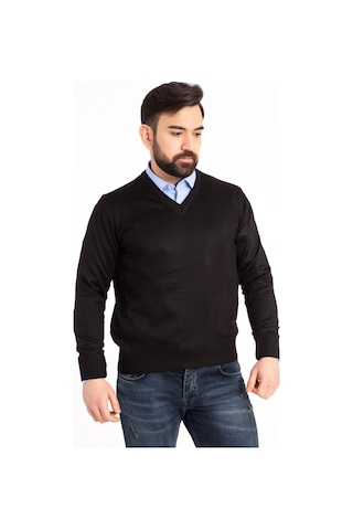 Nacar Store Erkek Siyah V Yaka Triko Kazak