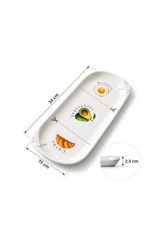 Porsiyon Kontrol Diyet Tabağı 34 Cm Protein Sebze Karbonhidrat Desenli Seramik Sağlıklı Beslenme Servis Tabağı Beyaz