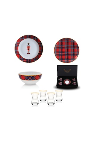 Kırmızı Ekose Tabak&çay Kahve Seti 20 Parça 4 Kişilik Beyaz - Kırmızı