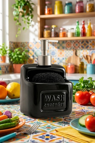 Makri Home Şık Ve Pratik Seramik Süngerlikli Sıvı Sabunluk/deterjanlık, Siyah, 500 Ml