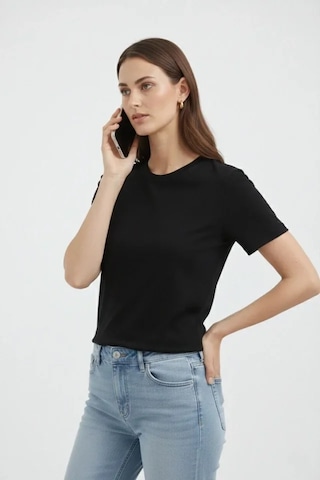 İkales Bisiklet Yaka Tişört Regular Kalıp Basic Pamuklu Günlük Kullanım T-shirt - Siyah