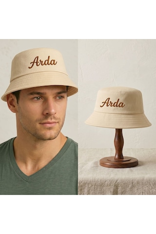 Bk Gift Kişiye Özel İsim Nakışlı Unisex Bucket Şapka Krem Pamuk Gabardin Kumaş Yazlık Şapka