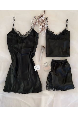 Mh Moony Homewears 3'lü Siyah Pırlanta Saten Çeyiz Seti Siyah