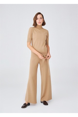 Peraluna Balıkçı Yaka Kısa Kollu Basic Kadın Triko Bluz Camel-Camel