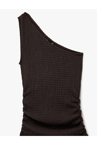 Koton Bürümcük Kumaş Slim Fit Drapeli Kolsuz Tek Omuz Kalem Elbise Kahverengi 6sak80001uk Kahve