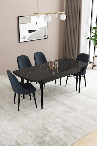 Familieconcept Almira Serisi, Siyah Mermer Desen 80x132 Açılabilir Mdf Mutfak Masası Takımı 4 Adet Sandalye Antrasit