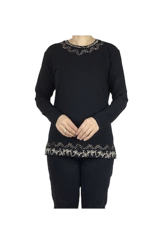 Kadın Yaka Ve Etek Desenli Taşlı Likralı Bluz-arpbattal2 siyah