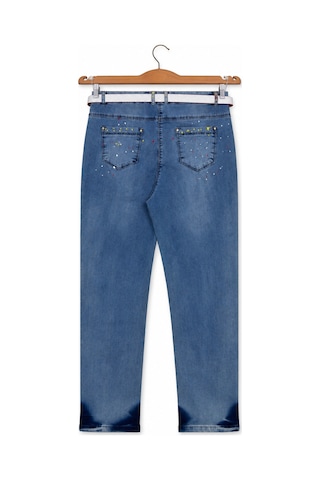 Büyük Beden Kemerli Likralı Denim Kadın Pantolon Mavi