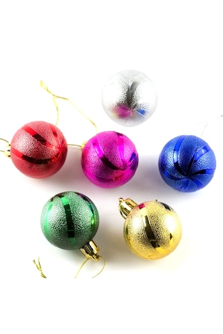 Renkli Parlak Desenli 6lı Yılbaşı Top Süs 4cm Çam Ağacı Süsleri