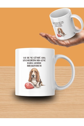 "vay Be Ne Gündü Ama Diyemediğim Bir Günü Daha Geride Bırakıyorum Yazılı Üzgün Köpek Tasarımlı Kupa"