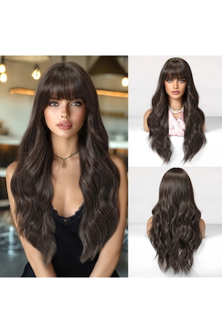 Moveevo Doğal Görünümlü Kabarık Saç Peruk Kadın Peruk Uzun Saç Perukları Siyah Kahverengi Doğal Patlamalar Yüksek Üst Uzun