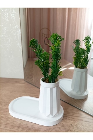 Mini Düz Desenli Beton Saksı Tekli Ve Oval Tabak - Yapay Çiçek Hediyeli - Yeşil Tomurcuk