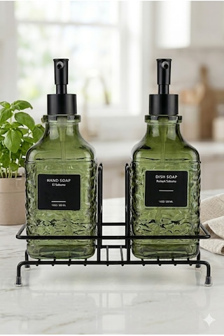 Modern Çizgili - Kabartmalı Cam İkili Sıvı Sabunluk & Deterjanlık Seti - 500ml Standlı Mutfak Ve Banyo Organizeri Yeşil