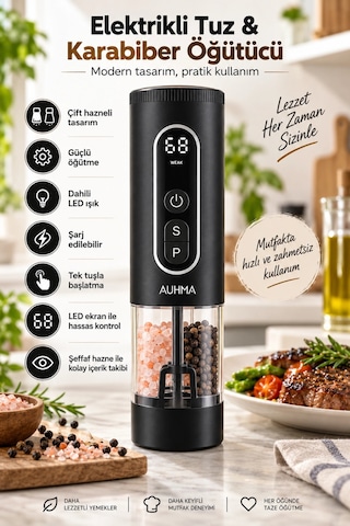 Auhma Ahb-15 Akıllı Led Ekranlı Şarjlı Otomatik Tuz Karabiber Öğütücü 3 Hız Ayarlı Seramik Bıçaklı Siyah